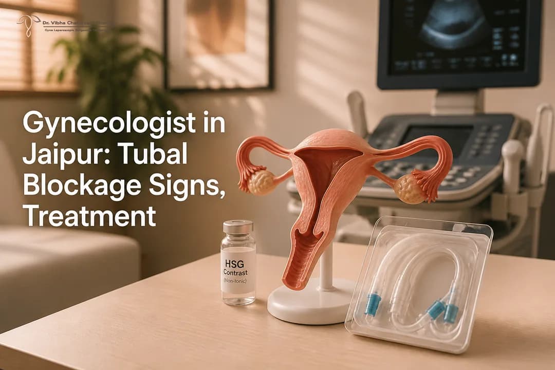 Clinic desk with uterus and tube model representing Gynecologist in Jaipur evaluation for tubal blockage.