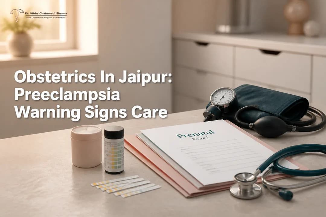 Blood pressure cuff and prenatal testing tools representing Gynecologist care for preeclampsia warning signs in Jaipur.