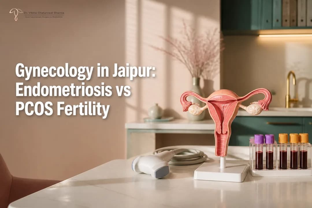 Clinic desk with uterus model, ultrasound probe, and lab vials representing a Gynecologist approach to endometriosis vs PCOS fertility impact in Jaipur.