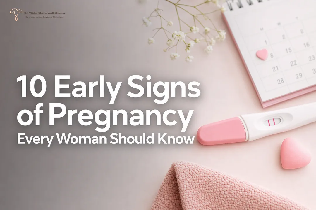 Clean cover image highlighting Early Signs of Pregnancy with test and calendar icons