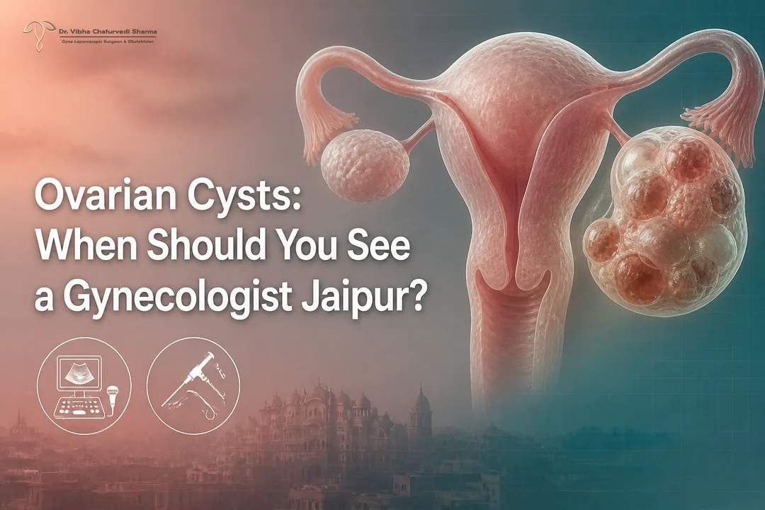Featured image illustrating ovarian cysts with Jaipur skyline for Gynecologist Jaipur.