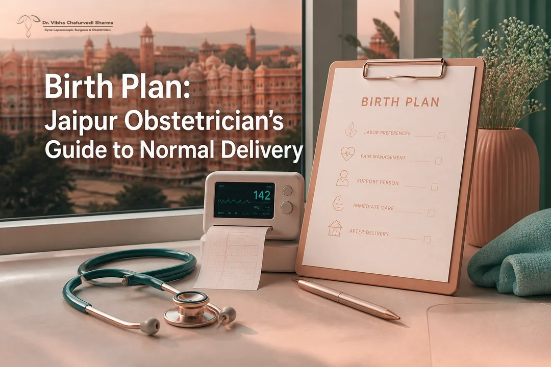 Elegant cover graphic for Normal Delivery with a Jaipur birth plan checklist and hospital icons.