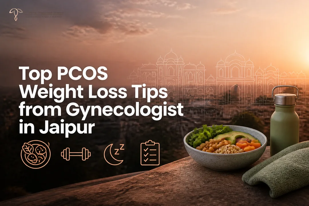 Illustrated cover showing diet and fitness icons for PCOS by a Gynecologist in Jaipur