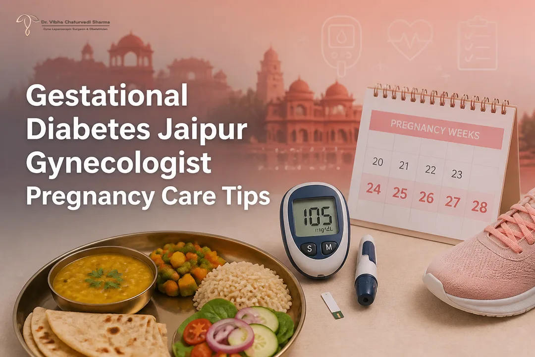 Gestational diabetes care banner in Jaipur guided by a Gynecologist, showing meter, healthy foods, and activity icons.