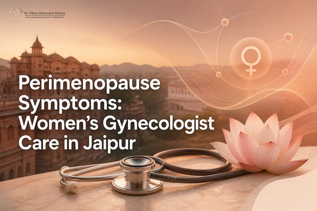 Gynecologist blog cover illustrating perimenopause care in Jaipur with calm medical graphics.