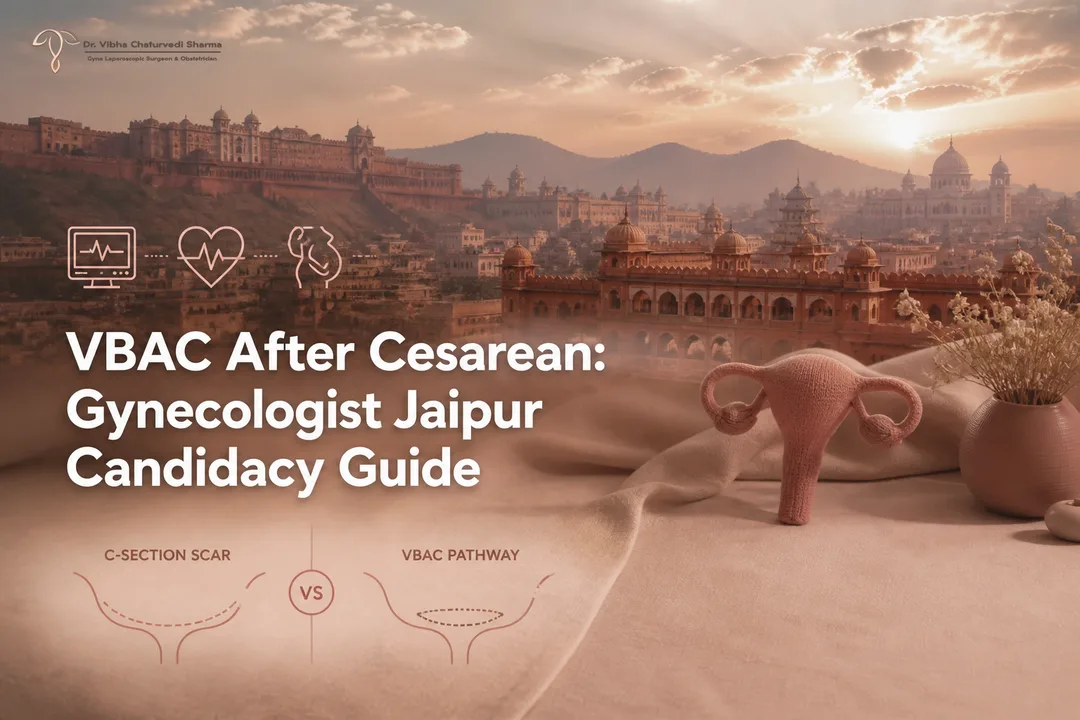 Illustrated VBAC candidacy cover with Jaipur accents for Gynecologist guidance.