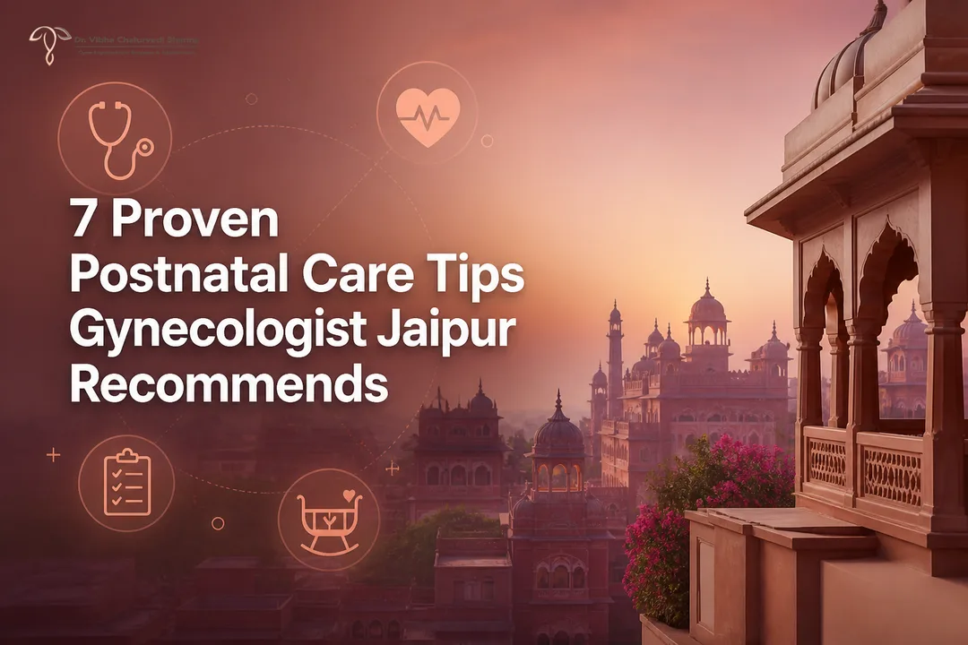 Featured image for a Gynecologist guide showing Jaipur skyline and a checklist for postnatal care tips.