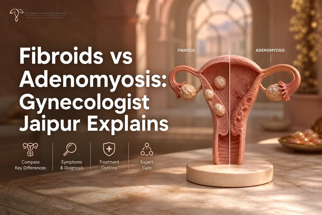 Illustrated comparison of fibroids and adenomyosis explained by a Gynecologist on a 16:9 cover.