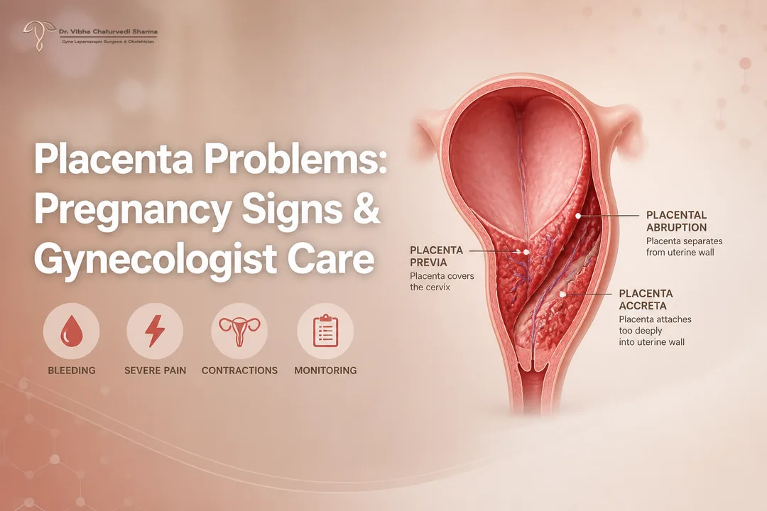 Illustration of placenta complications in pregnancy with Gynecologist care focus