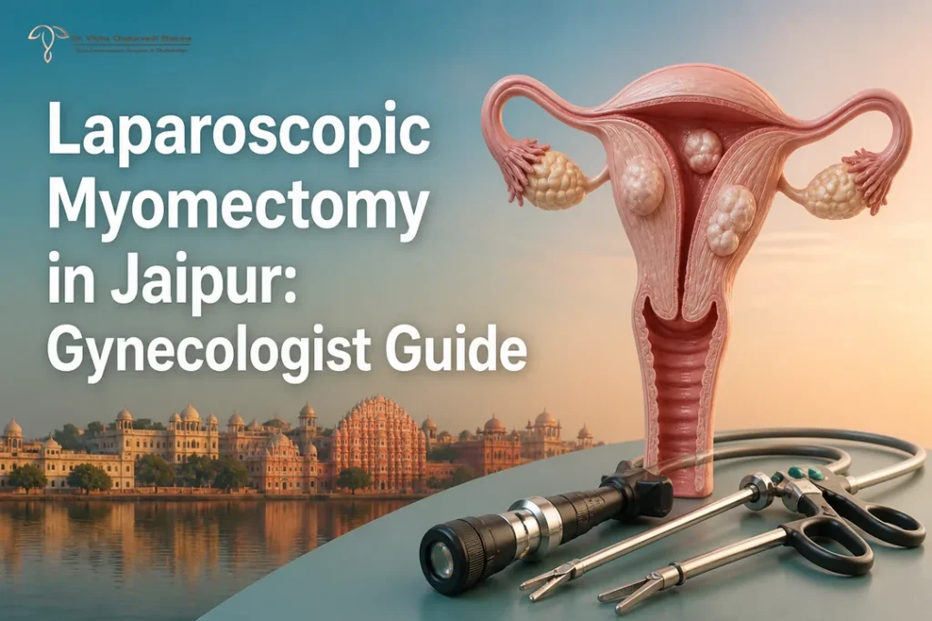 Illustrated cover for a Gynecologist guide to laparoscopic myomectomy in Jaipur showing uterus and minimally invasive tools.