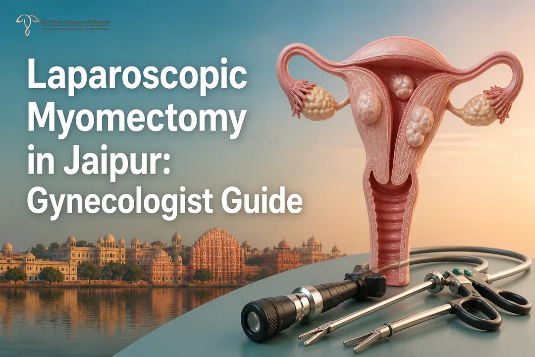 Illustrated cover for a Gynecologist guide to laparoscopic myomectomy in Jaipur showing uterus and minimally invasive tools.