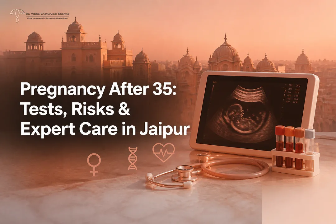 Pregnancy Care in Jaipur illustrated with medical icons and Jaipur skyline