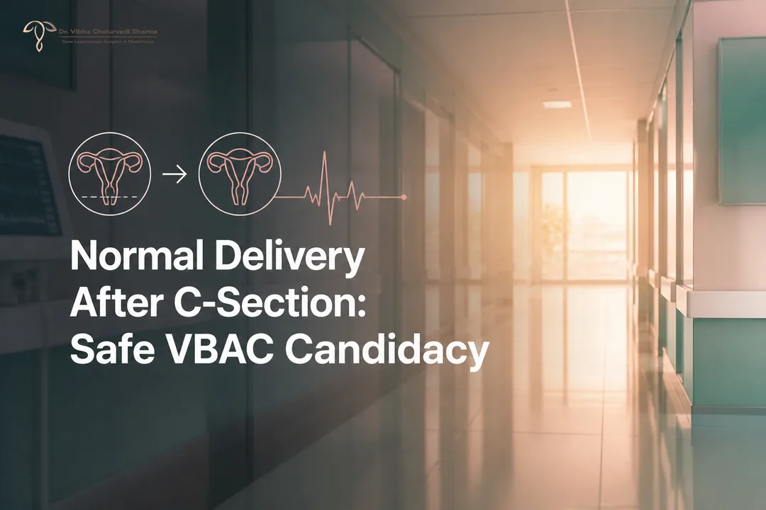 Illustration explaining Normal delivery after C-section with VBAC pathway icons.