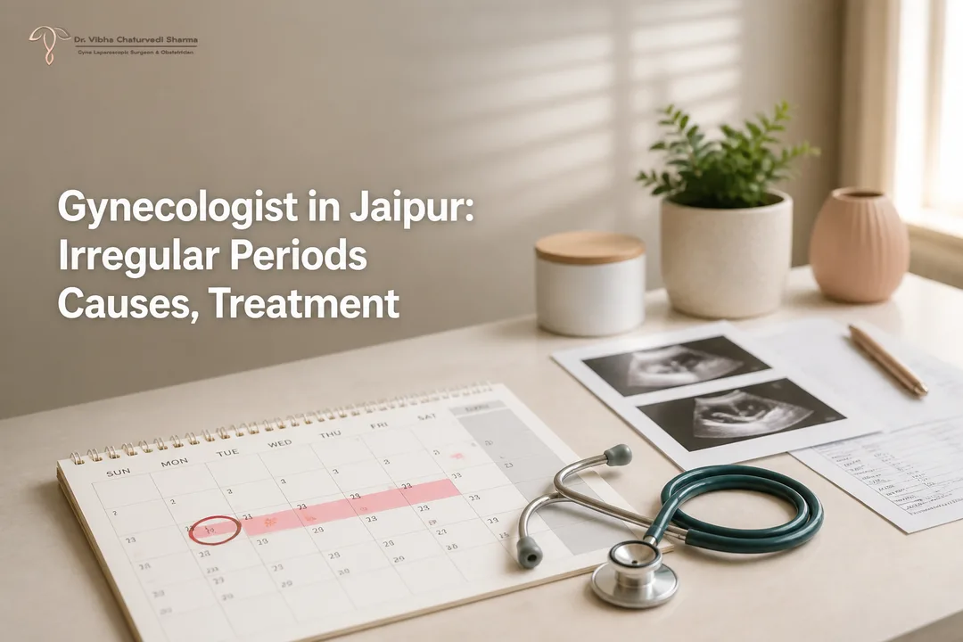 Clinic desk setup with a menstrual cycle calendar representing care from a Gynecologist in Jaipur.